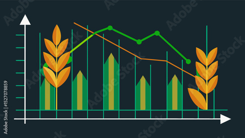 A line graph displaying the decrease in crop yields over time with each line representing a different type of crop and highlighting the overall downward trend.. Vector illustration