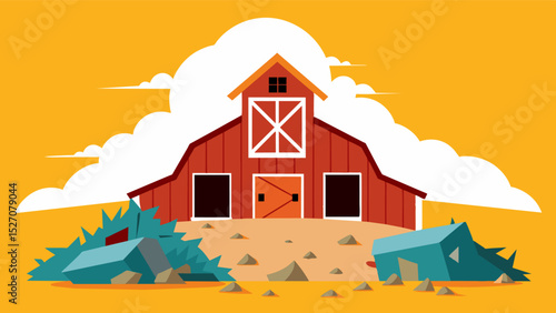 A once grand barn now reduced to a pile of debris is a powerful symbol of the decline of the family farm and the rise of industrialized agriculture.. Vector illustration