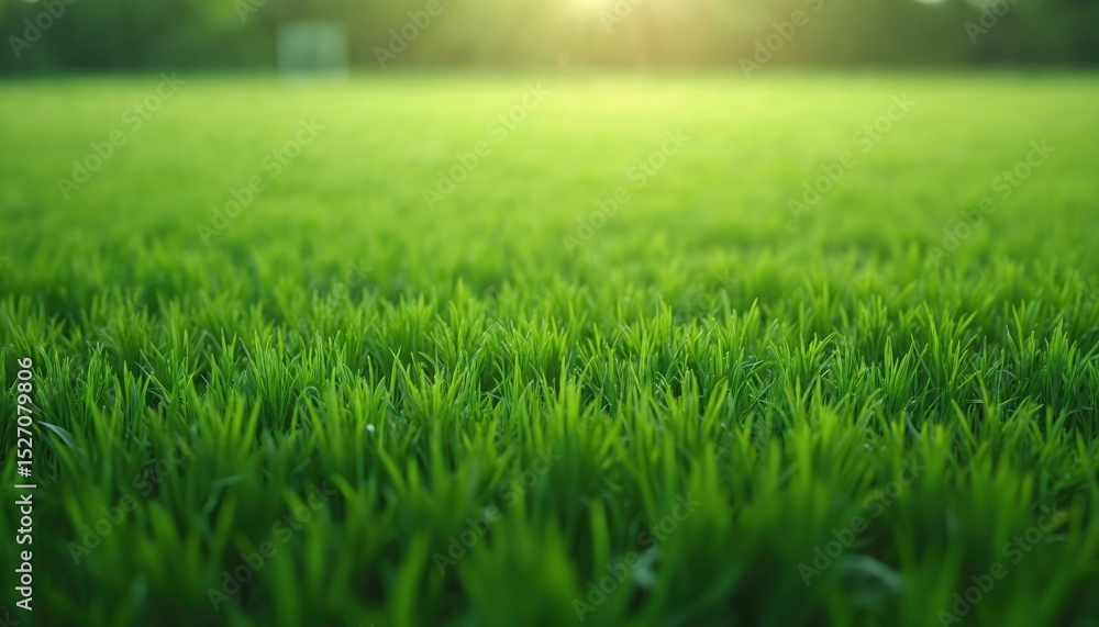 Fototapeta premium Green grass field background for soccer football sports. Green lawn pattern texture background. Close-up shot of fresh green grass blades creating natural texture, ideal for sports or nature themes.