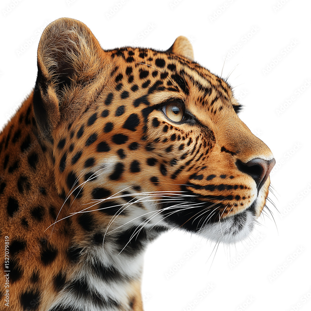 Obraz premium Side view of a spotted African leopard, isolated on a white background, showcasing its muscular body, distinctive rosette-patterned fur, and stealthy posture, captured in realistic detail for wildlife