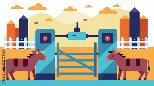 Automated gates open and close based on the behavior and movement patterns of herded cattle reducing the need for human intervention and minimizing stress on the animals.. Vector illustration