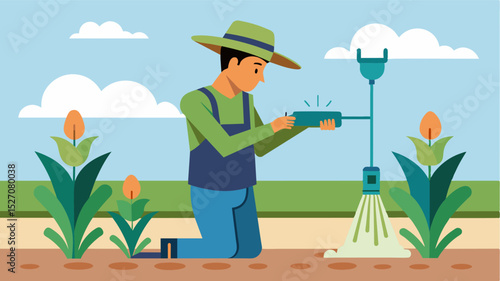 An image of a farmer using precision nutrient injection technology to accurately deliver nutrients directly to plant roots.. Vector illustration