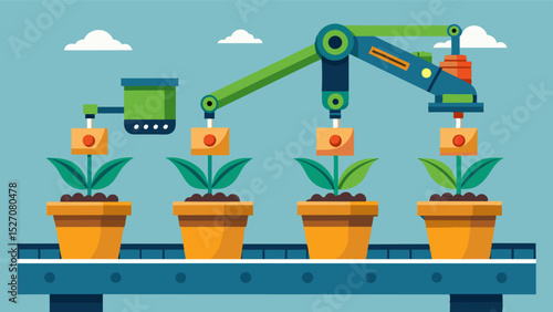 An innovative system of robotic arms moving potted plants on conveyor belts efficiently transporting them to their designated areas for planting.. Vector illustration