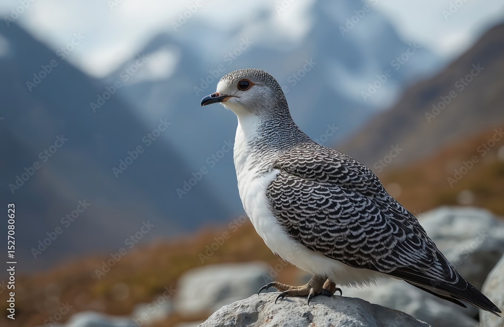 Fototapeta premium Rock Ptarmigan bird sits on rock in mountains. White, grey plumage of wild arctic bird. Wildlife, nature, avian, outdoors. Freedom, peace, tranquility concept. Beautiful nature photo for travel