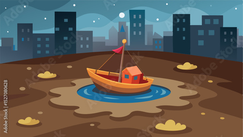 A childs toy fishing boat floats alone in a dirty puddle a sad metaphor for the future of the fishing industry in the town.. Vector illustration