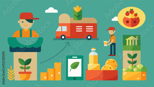 A series of images showing the process of food production from farming to packaging and how each stage contributes to the overall increase in prices.. Vector illustration