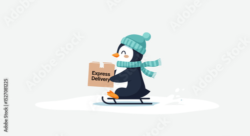 Cartoon penguin delivering package on sled in snowy environment  