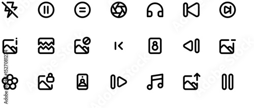Minimalist black and white vector icons for music and media players, featuring play, stop, blog, and track controls on white background.