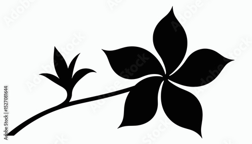 Black silhouette of a flower branch with five petals and leaves  