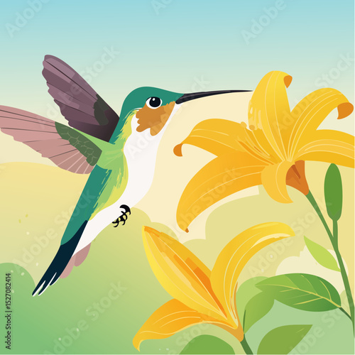 Hummingbird Feeding on Trumpet Flower – Wings blurred in motion, pollen dusted beak.
