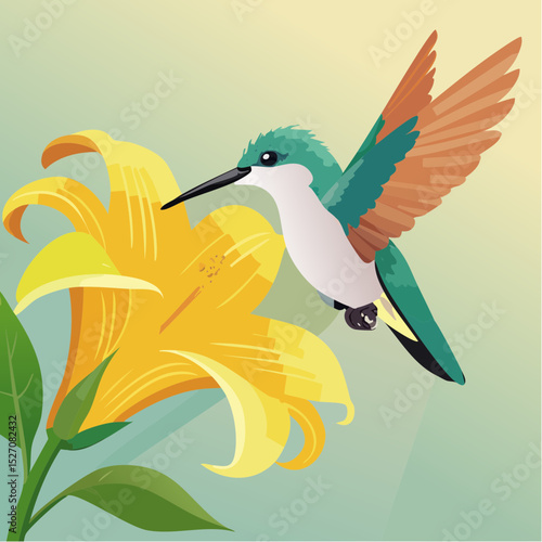 Hummingbird Feeding on Trumpet Flower – Wings blurred in motion, pollen dusted beak.
