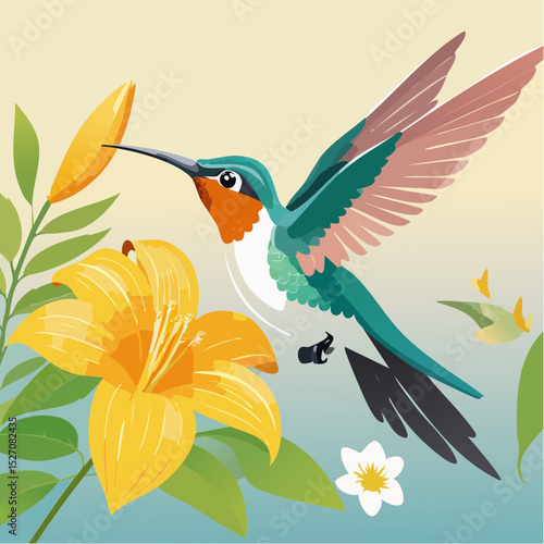 Hummingbird Feeding on Trumpet Flower – Wings blurred in motion, pollen dusted beak.
