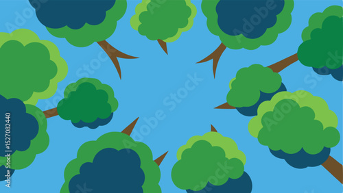 Cartoon trees seen from below with blue sky background simple nature illustration