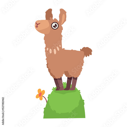 Cute Llama on Grassy Knoll Vector Illustration: Charming Cartoon Animal with Flower