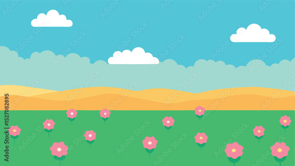 Cheerful cartoon landscape with flowers clouds and mountains in flat graphic style Cheerful cartoon landscape with flowers clouds and mountains in flat graphic style