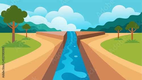 A once glistening and flowing canal now reduced to a small trickle of stagnant water.. Vector illustration