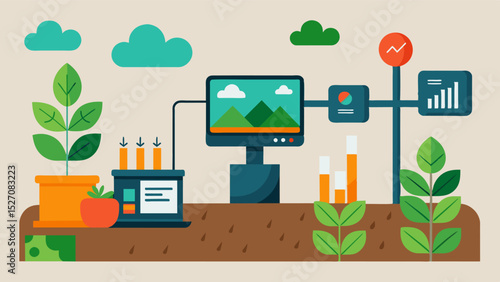 An infield computer system analyzing soil samples and providing immediate recommendations for crop nutrient management.. Vector illustration