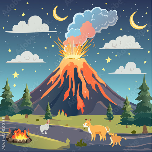 Volcanic Eruption at Night – Glowing lava, ash clouds, startled animals fleeing.
