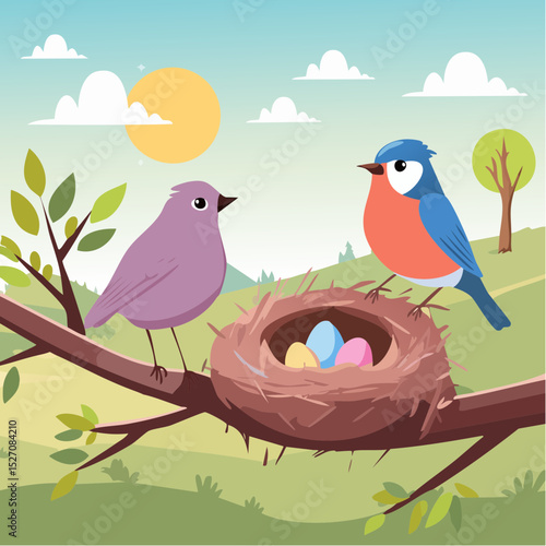 Bird Nesting Season – Songbird building nest with twigs, eggs visible, parent returning with food.
