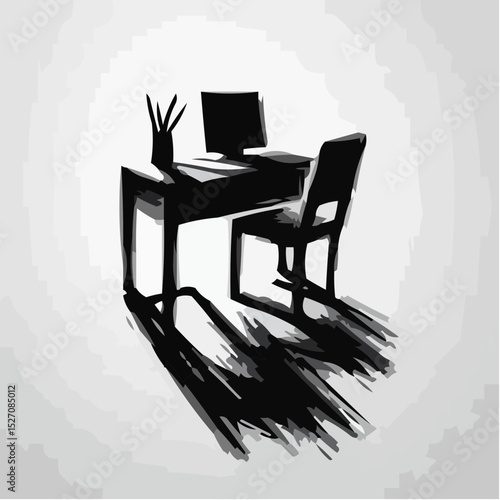 Minimalist desk with chair and computer in monochrome style  