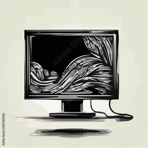 Icon of computer monitor displaying abstract wave design in grayscale  