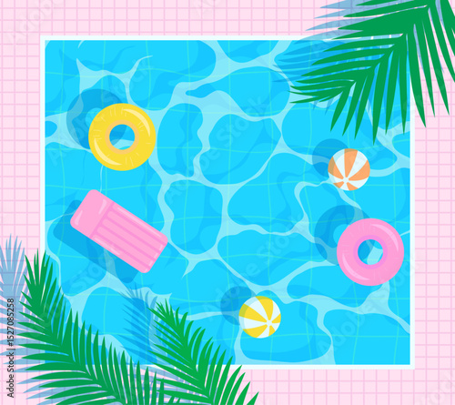 Summer vector background. Pool with blue water, float, ball, airbed and palm leaf. Shining turquoise rippled water and rubber ring illustration.
