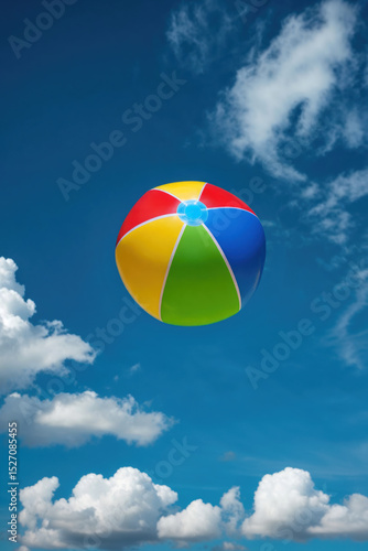 Colorful inflatable beach ball floating in bright blue sky with white fluffy clouds