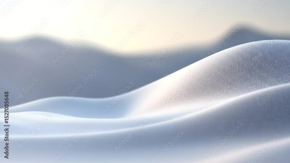 Gentle snow-covered hills at dawn. Soft, undulating snowdrifts stretch towards a soft, hazy mountain range. Muted light of sunrise bathes the scene Gentle snow-covered hills at dawn. Soft, undulating snowdrifts stretch towards a soft, hazy mountain range. Muted light of sunrise bathes the scene
