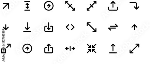 Minimalist black vector arrow icons set with thin designs, arrowheads, letters, and symbols for up/down movement on white background.