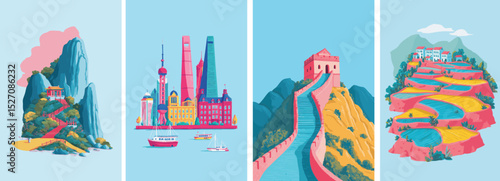 colorful china travel illustration with landmarks and cultural symbols