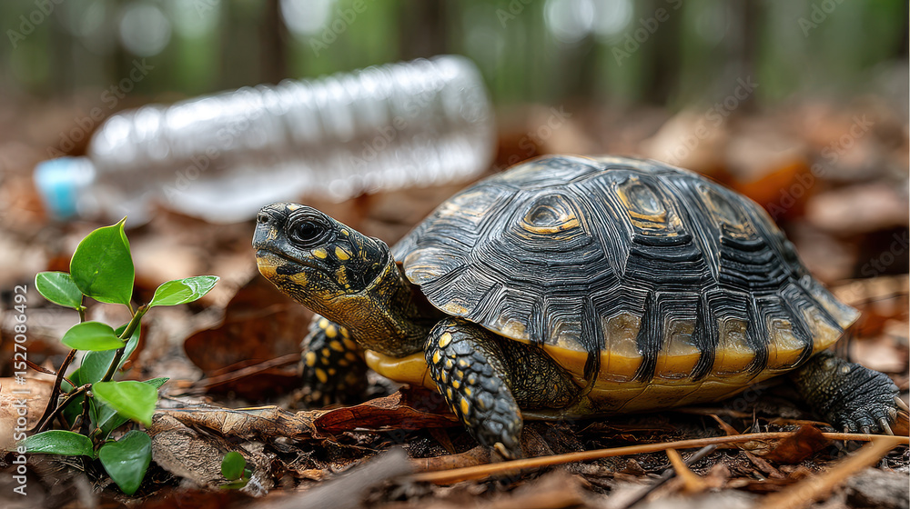 Obraz premium Turtle navigates forest floor with discarded plastic bottle highlighting environmental concern and conservation efforts
