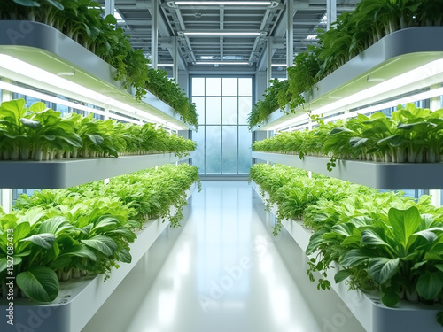 Vertical farm inside a modern greenhouse, vegetables growing on LED-lit shelves