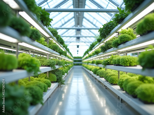 Vertical farm inside a modern greenhouse, vegetables growing on LED-lit shelves