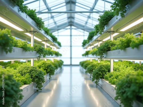 Vertical farm inside a modern greenhouse, vegetables growing on LED-lit shelves