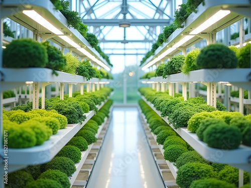 Vertical farm inside a modern greenhouse, vegetables growing on LED-lit shelves