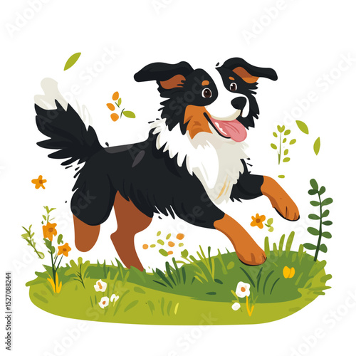 Dog Running Spring Trail illustration vector 2D flat, isolated on a white background.