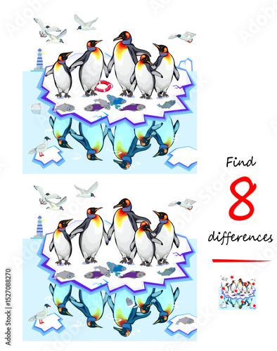 Find 8 differences. Drawing of a cute family of king penguins. Logic puzzle game for children and adults. Page for kids brain teaser book. Hand drawn flat vector illustration.