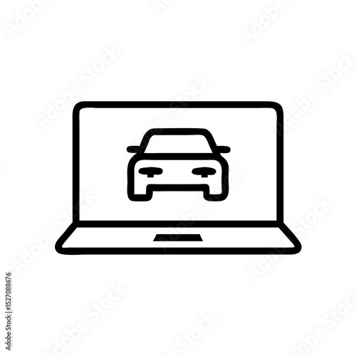 Laptop displaying car icon in minimalist design, icon, vector  