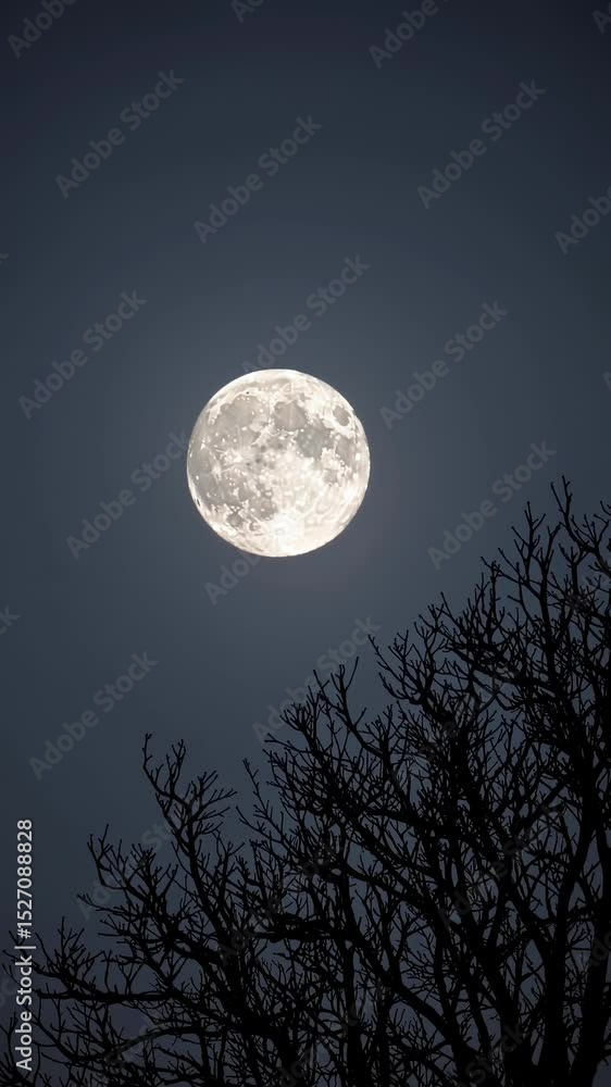 Bright full moon shines over bare tree branches at night in a serene landscape Bright full moon shines over bare tree branches at night in a serene landscape