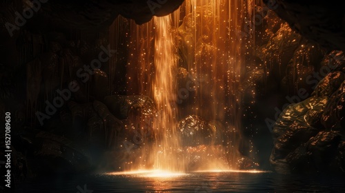 Breathtaking long exposure waterfall hidden in a lush green tropical forest with mossy rocks