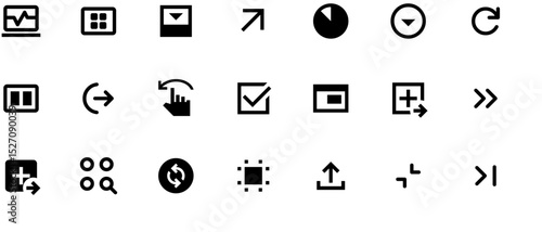 Minimalist black and white vector icons for web design, featuring directional arrows, checkmarks, and solid-colored bordered shapes on white background