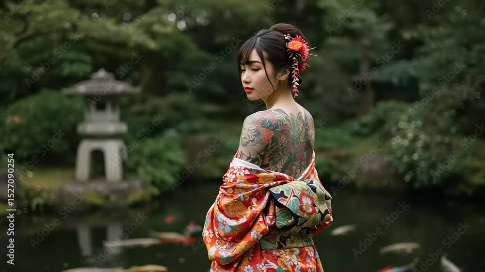 Woman in traditional Japanese dress with tattoos in a garden. Woman in traditional Japanese dress with tattoos in a garden.
