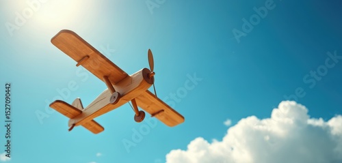 Wooden plane soaring against vibrant blue sky. Propeller plane flying, dream, adventure. Wooden toy aircraft in flight, evokes freedom, travel, exploration, nature, aviation, journey. Concept dream