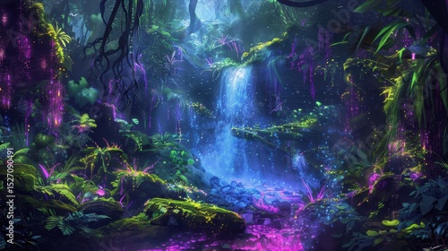 Breathtaking long exposure waterfall hidden in a lush green tropical forest with mossy rocks