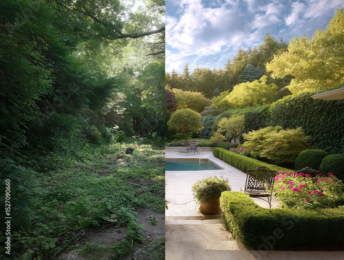 Split frame showcasing nature transformation Wild overgrowth transitioning to manicured garden with pool. Represents change, potential, and beforeafter concepts.
