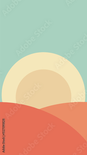 Minimalist abstract landscape with sun and hills in warm earth tones and tranquil sky