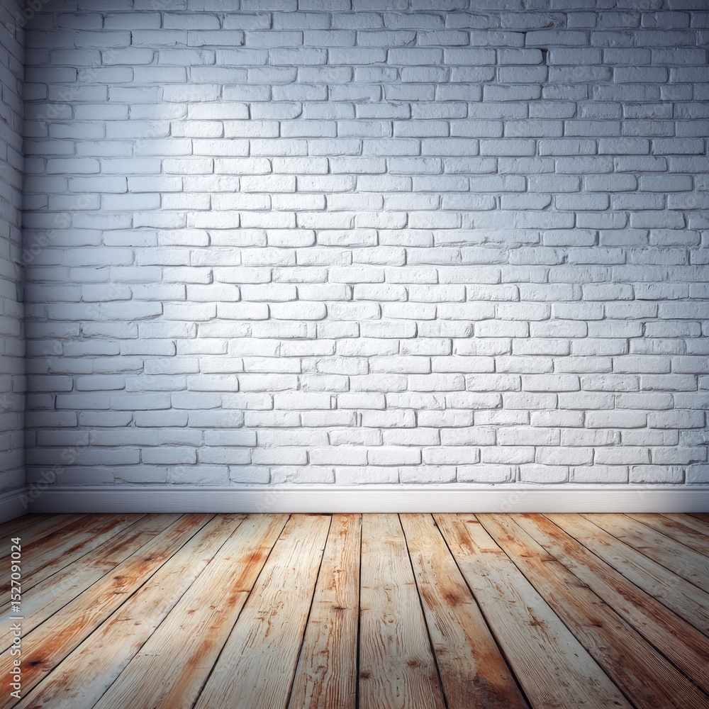An empty room with a brick wall and wooden floor, illuminated by sunlight, exuding minimalism and cleanliness. The combination creates a calming ambiance An empty room with a brick wall and wooden floor, illuminated by sunlight, exuding minimalism and cleanliness. The combination creates a calming ambiance