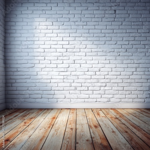 An empty room with a brick wall and wooden floor, illuminated by sunlight, exuding minimalism and cleanliness. The combination creates a calming ambiance
