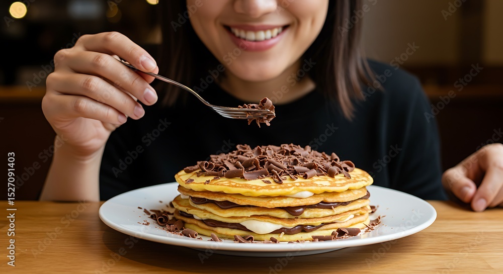 Woman Enjoying Delicious Chocolate Pancakes A Sweet Treat Woman Enjoying Delicious Chocolate Pancakes A Sweet Treat