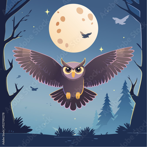 Owl in Flight Through Night Forest – Silent wings gliding, wide eyes, mouse scurrying below.
